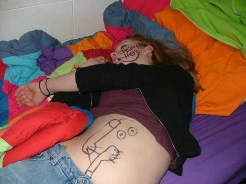 ahhh, the classic “wait for your friend to get drunk and pass out so you can draw penises” maneuver. never gets old. lol.