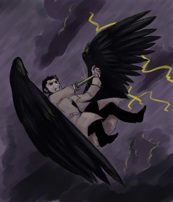 Castiel in a storm, fighting something. Fleshed this out from