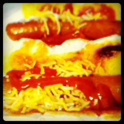 hot dogs. Ran outa buns so I used Hawaiian bread lol.  (Taken