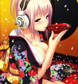 pachi0084:  blush breasts cleavage floral print headphones japanese