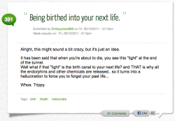 viceslikevipers-:  negativereciprocal:  youthful-existence:  yellow-rose:   MIND BLOWN. What if people who have “near death” experiences are stillborn children? D: Whoa. And what if hallucinations were memories from a past life?  What if dreams are