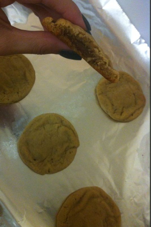 Late night cookies. Peanut butter with Hershey bars inside. My favorite.