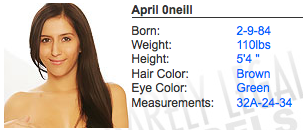 This is so inaccurate, it’s hilarious! Barely Legal is barely intelligent. At least they got my hair color right. Haha! Truth:April O'NeilBorn: 4-7-87Weight: 90lbsHeight: 5'1"Hair Color: BrownEye Color: BrownMeasurements: 32D-23-32