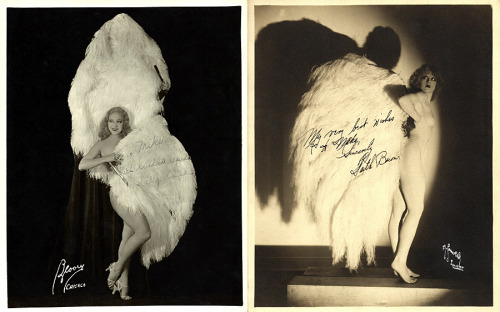 Fan Dancing rivals at Chicago’s ‘Century Of Progress’  Exposition, in 1933.. Featured here, are (at Left): Sally Rand and (at Right): Faith Bacon.. Each of the large ostrich feather fans, could weigh as much as 25 pounds! Both photos