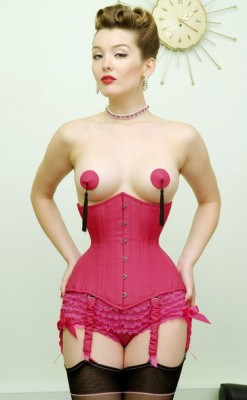 edgina:  Rich magenta and retro clock. Lingerie by What Katie