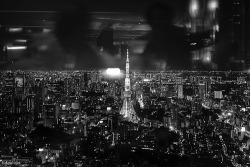 black-and-white:  Tokyo: looming above this great dark city (by