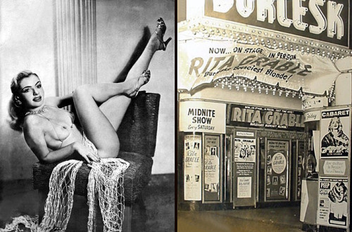 Promotional photo of a young Rita Grable.. And the marquee of Buffalo’s ‘PALACE Burlesk’, advertising one of her appearances..