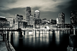 black-and-white:  Boston Financial District Skyline at Night