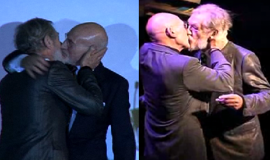 misterstibbons:  [Image Description: Two pictures of Ian McKellan and Patrick Stewart kissing.] grundle-mcballsonface:  valeria2067:  fuckyeahsirpatrickstewart:  Sir Patrick Stewart & Sir Ian McKellen.  Awesome is made of this, not vice versa.   OLD