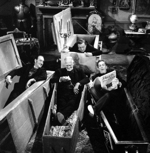 greggorysshocktheater:   “They were all divine people, with great senses of humor. We used to sit around and say very seriously, How can we scare the little bastards!” - Vincent Price remembering his fellow actors in The Comedy Of Terrors (1963) 