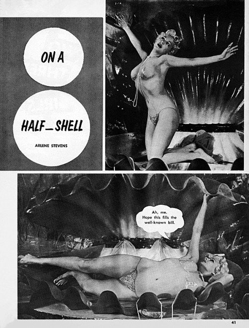 Arlene Stevens demonstrates part of her “Birth Of A Pearl” routine, in a page from the October 1959 issue of ‘POSE’ magazine..