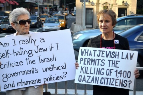 israelfacts:  The “Jews Say No” movement held a protest in Upper Manhattan expressing their opposition to the recent air attacks by Israel on the Gaza strip. Protesters stood silently, holding posters and placards which voiced their concerns. New