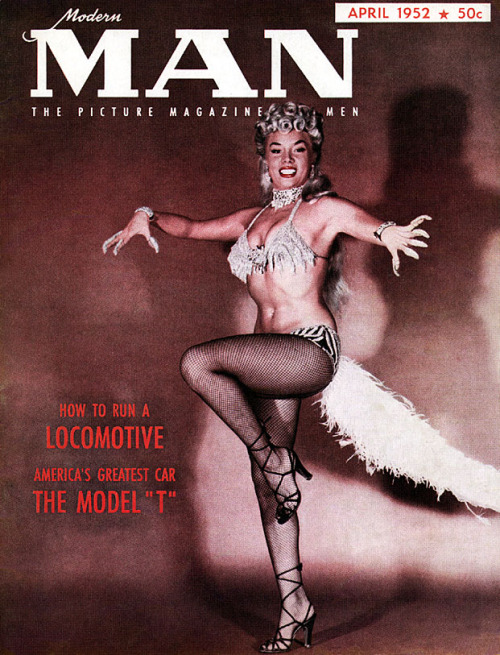 Lilly “The Cat Girl”  Christine graces the April 1952 cover of ‘Modern MAN’ magazine.. She appears here, in her famous “Cat Dance” costume.. She never wore a Cat mask. And the dance itself, was based on a Hindu stretching
