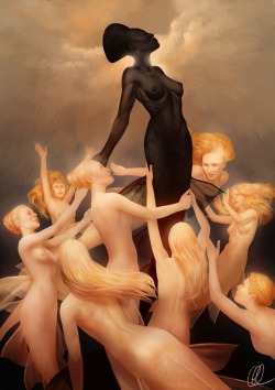 dumbthingswhitepplsay:  eshusplayground:  dwellerinthelibrary:  Hieraconism 3, by Gerwell. If this looks weird, it’s because it reverses a centuries-old convention of art - the snow-white lady and her dark-skinned ladies-in-waiting. Hell, I’m aware