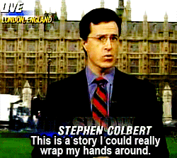 salmonking:   Stephen Colbert reporting on a scandal involving Prince Charles. (x)  dat banana lolforever  Need this on my blog.