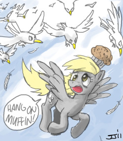 “A flock of upset birds chasing after (pony) Derpy”