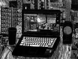 Laptop woodcut on paper by Gabriela Jolowicz, 2010