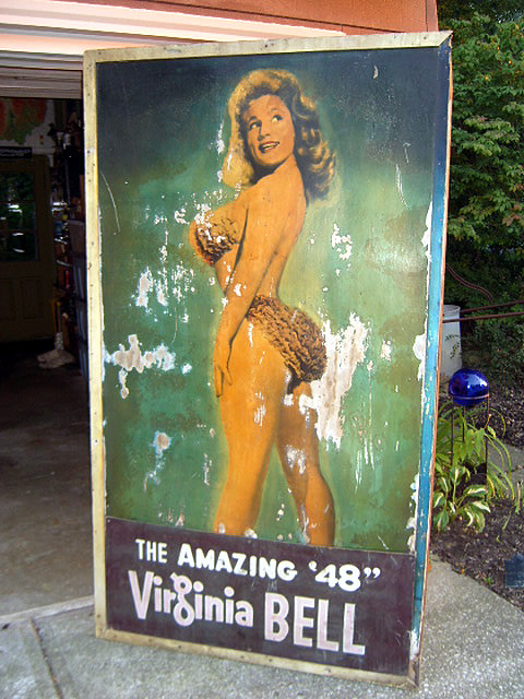 Large painted poster of Virginia Bell.. In 1978, this was the only poster that survived the demolition process of the old ‘ROXY Theatre’ in Cleveland, Ohio.. Four other posters (featuring other performers) that adorned adjoining spaces along