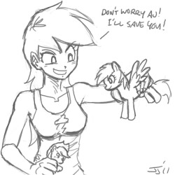 “Humanized Rainbow Dash playing with a toy pony rainbow