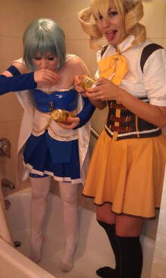 amararama:  Sayaka and Mami shotgunning beers in a bathtub. don’t