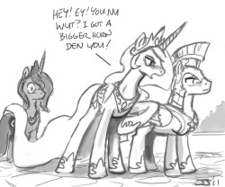 “Celestia drunk and abusing her guards while Luna watches.”