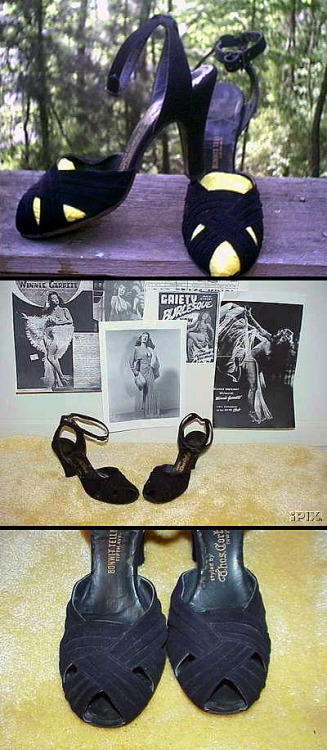 A pair of vintage (Size 8) Black Slingback shoes that once belonged to Winnie Garrett.. These were part of a large estate sale in 2001, shortly after she’d passed away..