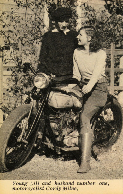In England, a teenage Lili St. Cyr poses on her husband Cordy&rsquo;s motorcycle.. They were married on September 30, 1936. And were divorced just over 2 years later, in early December of 1938. Cordy Milne was the first of Lili&rsquo;s 6 husbands..