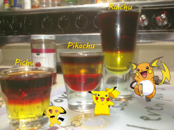 thedrunkenmoogle:  Pichu, Pikachu, Raichu (Pokemon Cocktails)