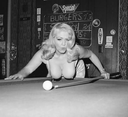 retrodoll:  via electricepoch An older Jennie Lee lines up her next billiards shot.. A photo quite possibly taken at the ‘Sassy Lassy Club’ she owned/operated (and performed at) in San Pedro, California.. 