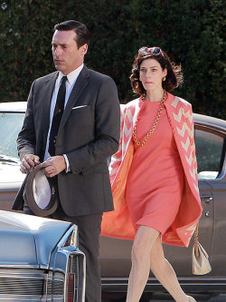 visions-of-johanna:  Jon Hamm and Jessica Pare shooting the 5th season of Mad Men. Her outfit is fierce as f*ck.  