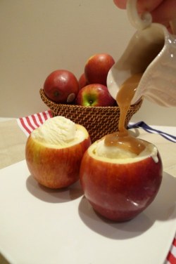  Vanilla ice cream inside hollowed out apples, topped off with