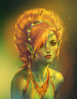 sakimichan:  quick portrait. Green elf lady. 