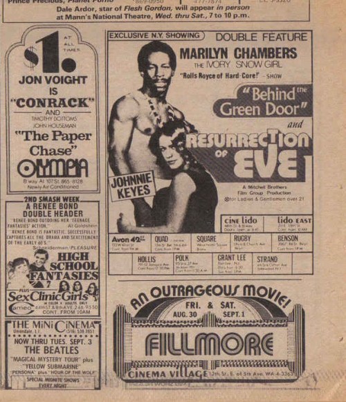 New York newspaper advertisement for double-bill of Behind the Green Door and Resurrection of Eve, 1974