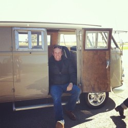 My photographer and the VW bus I’m shooting in.  (Taken