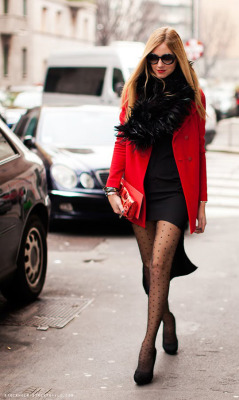 trautmans-legs:  Eye catching girl in a red coat, fancy dress