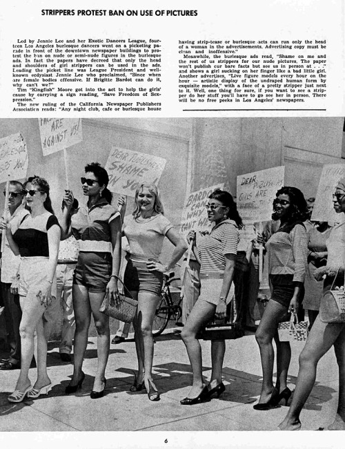 Jennie Lee (3rd from Left) founded the ‘Exotic Dancers League’ in 1955, as a way of improving working conditions for burlesque performers.. In 1959, she organized a picket line in front of the offices of the 'Los Angeles Examiner’ newspa