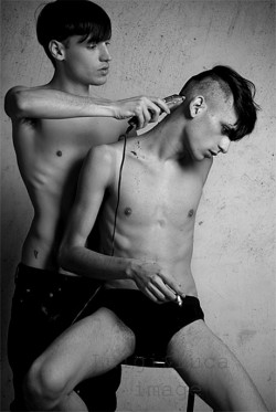 grrlyboy:  UGHhot skinny topless boy shaving the head of another