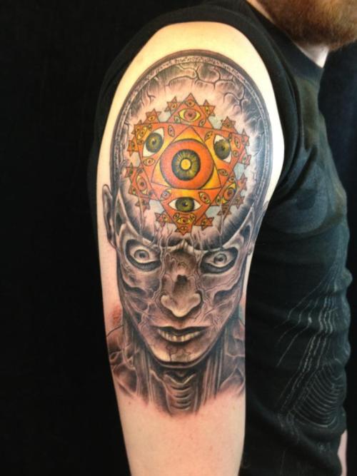 fuckyeahtattoos:  Alex Grey: The Seer. Done By: Trevor Collins At Ironage Studios, In St.Louis Everything I have Explored With My Inner Self Led To This Tattoo, I Can Now See The Fractal Energy That Surrounds Existence. This Painting Done By Alex