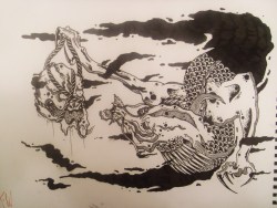 welcometohe11:  Dragon and Severed Oni Head - Ink Drawing.Was