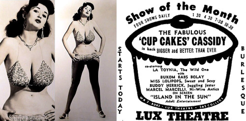  “BIGGER and BETTER THAN EVER!”..   CupCake(s) Cassidy Promo photo with newspaper ad for an appearance at the ‘LUX Theatre’ theatre; in Toronto, Ontario.. 