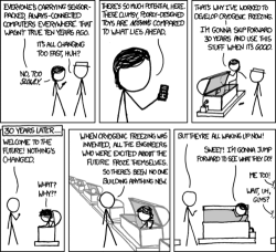 Future now! Apocalypse later! xkcd:  ‘Welcome to the future! Nothing’s changed.’ was the slogan of my astonishingly short-lived tech startup. 