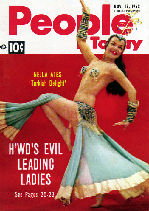 Nejla Ates kicks into a dynamic pose for the cover of this November ‘53 issue of ‘People Today’ magazine; a popular 50’s-era Men’s Pocket Digest..