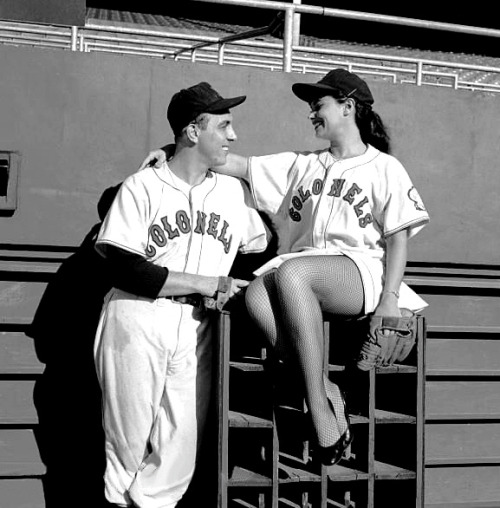 burleskateer:  Patti Waggin poses in a matching ‘Louisville Colonels’ jersey, with her husband Don Rudolph; a left-handed pitcher for their 1957 team.. The 'Louisville Colonels’ were the Triple-A minor league team affiliated with the