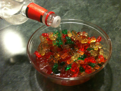    1. Fill bowl with gummy bears 2. Add alcohol of your choice