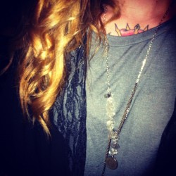 Heading out. Love my ax and apple necklace and me new lace kimono