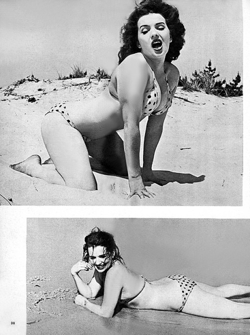 burleskateer:Blaze Starr cavorts on a sunny beach.. A page scanned from the December ‘58 issue of ‘POSE!’ magazine..