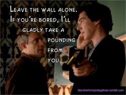 bbcsherlockpickuplines:  â€œLeave the wall alone. If youâ€™re bored, Iâ€™ll gladly take a pounding from you.â€ 