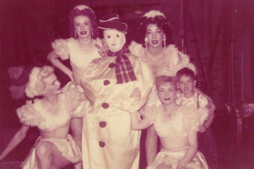 bhof:  Novita (center, in the snowman suit) backstage at the ‘FOLLIES Theatre’, framed between (clockwise) Debbie Rae and Jeanine France (brunette).. Jeanine’s son Tommy, and chorus girls Betty (left) and Cindy (right).. Image courtesy