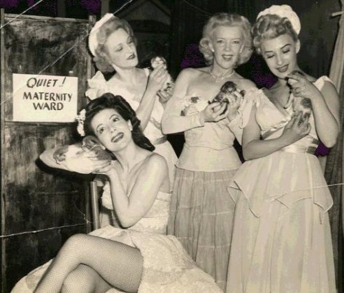 Rose La Rose and a group of other showgirls pose for a publicity photo with newborn kittens, backstage at Boston’s ‘Old Howard’ Theatre..