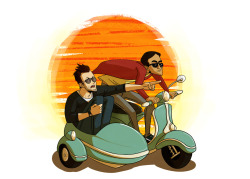 engelen:  Joel McHale and Danny Pudi riding on a vespa on a quest